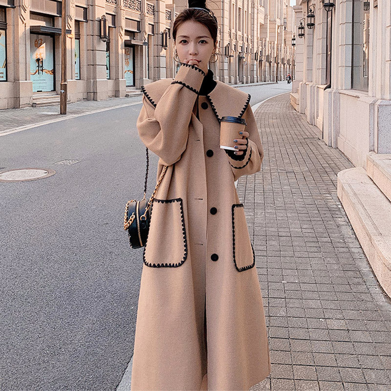 スカラップ刺繍ビッグカラーロングコート