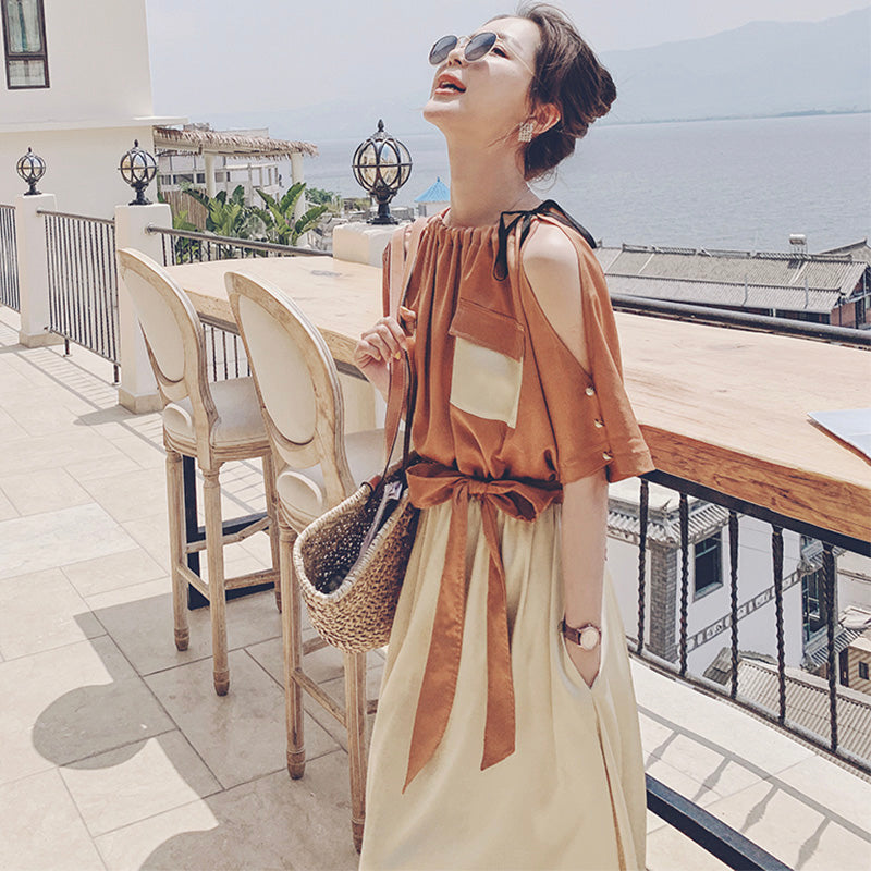 バイカラーウエストリボンギャザーロングワンピース(2colors)