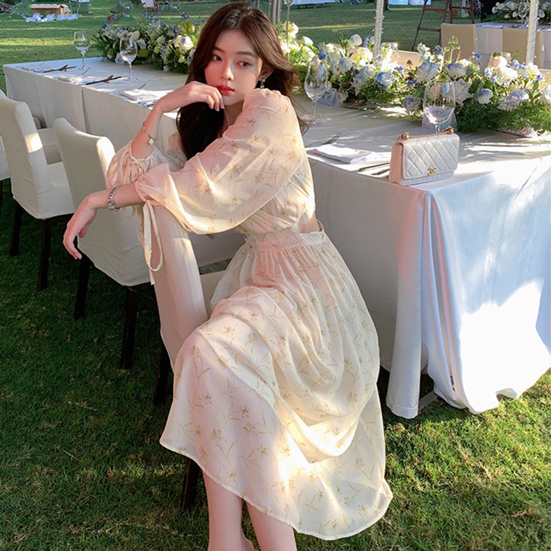 ウエストオープンカシュクール花柄ロングワンピース