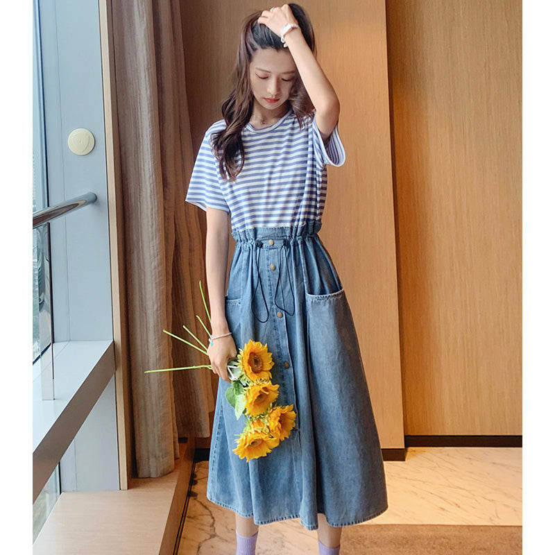 ボーダーTシャツコンビデニムワンピース