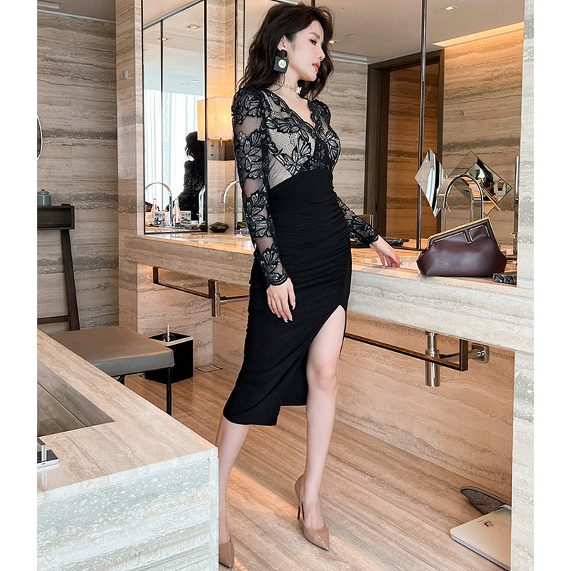 グラマラスレースコンビスリットペンシルワンピース