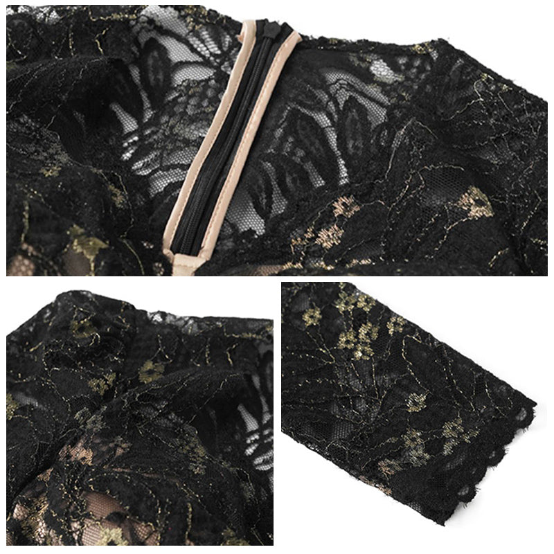 Vネックタイト総レーススリットワンピース