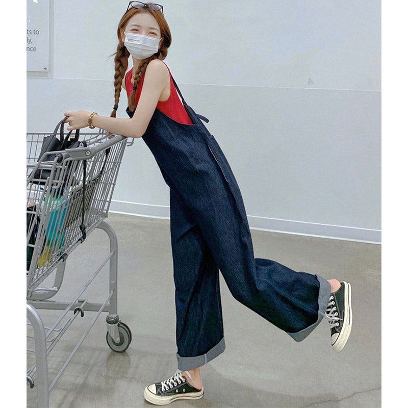 【即納】バックリボンデニムワイドサロペットパンツ