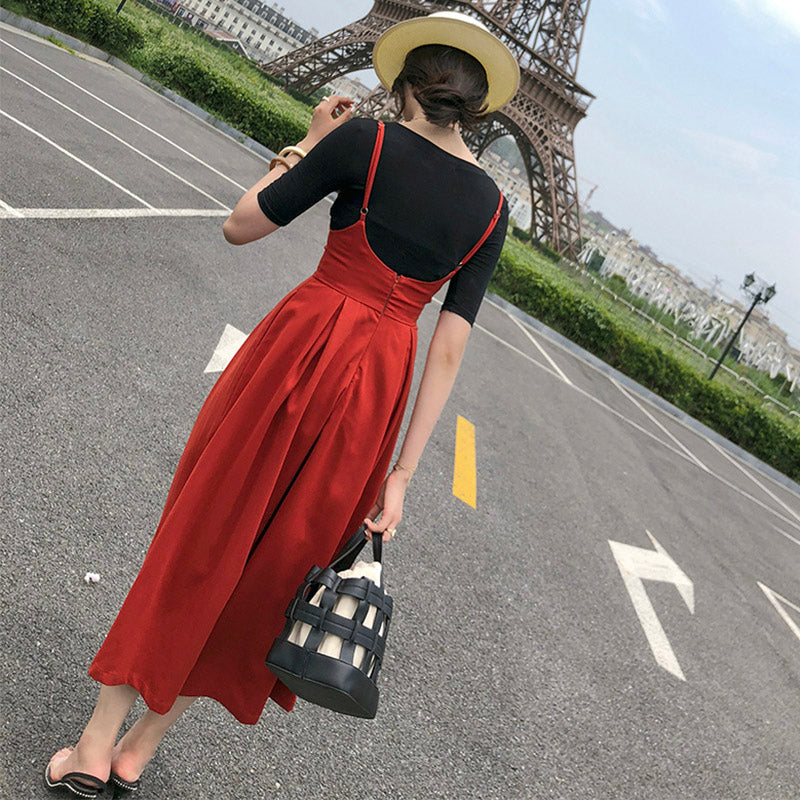 スクエアネック半端袖Tシャツ×タック入りサロペットガウチョパンツ