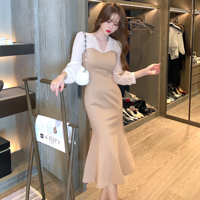 パフスリーブブラウスコンビマーメイドワンピース