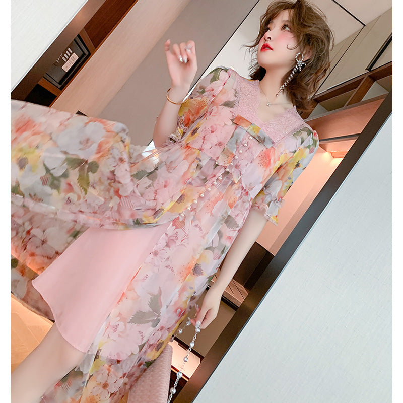 キャミワンピース×レースドッキング花柄シアーフレアワンピース