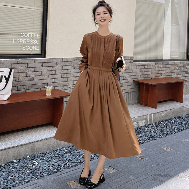 フロントプリーツラウンドネックワンピース(2colors)