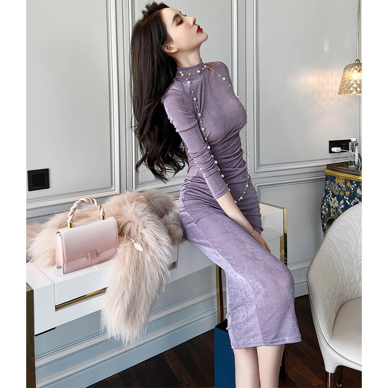 ハイネックウエストギャザーペンシルロングワンピース(3colors)