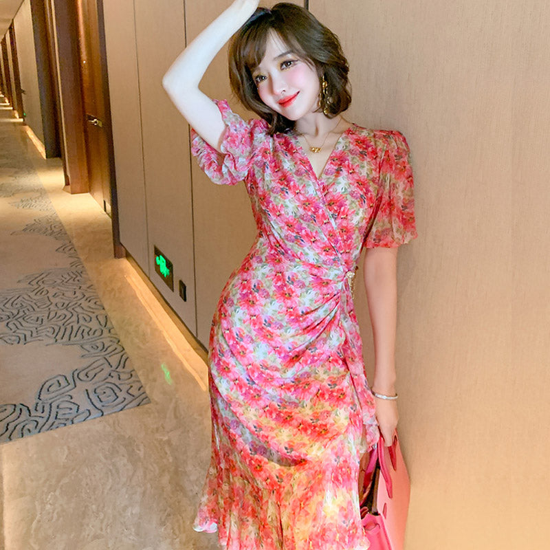 ランタンスリーブ花柄カシュクールマーメイドワンピース