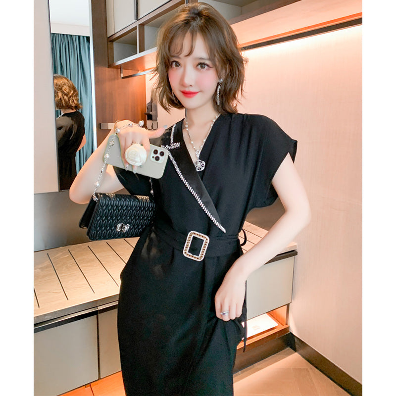 ビジューストーン付アシメテーラードペンシルワンピース