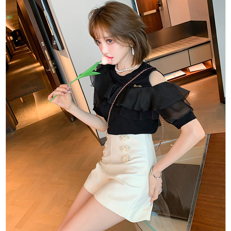異素材コンビラッフルワンショルダートップス×チャイナショートパンツ【上下別売り可】