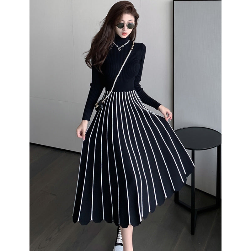 スカラップヘムストライプ切り替えニットワンピース