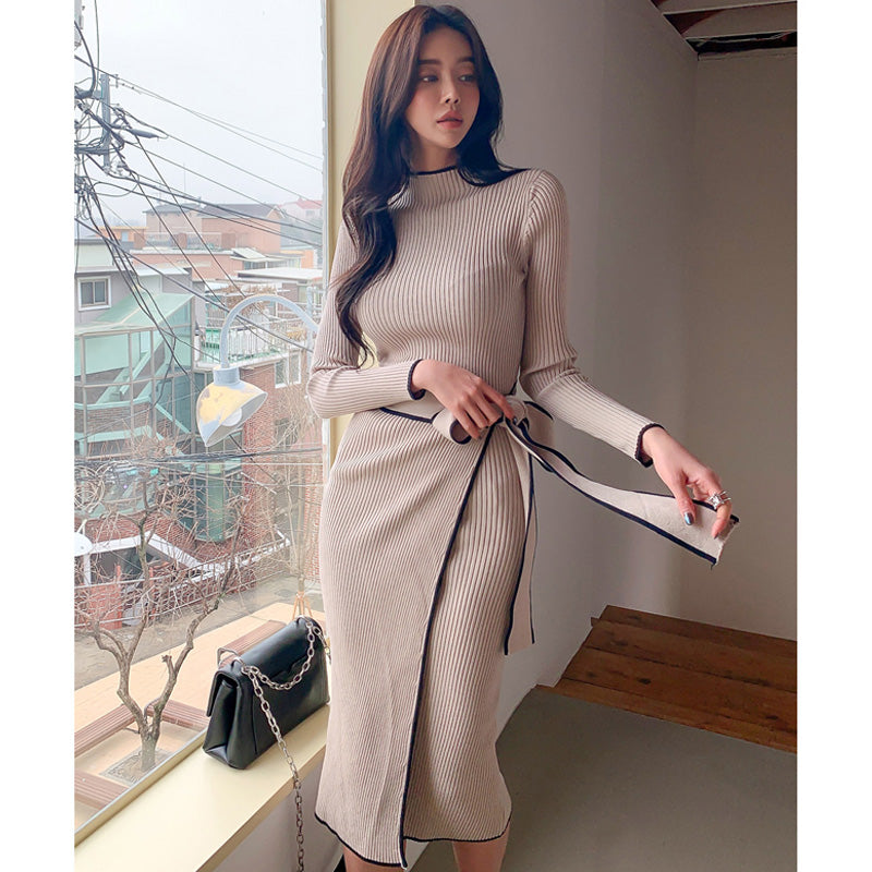 ウエストリボンハーフネックリブニットワンピース(2colors)