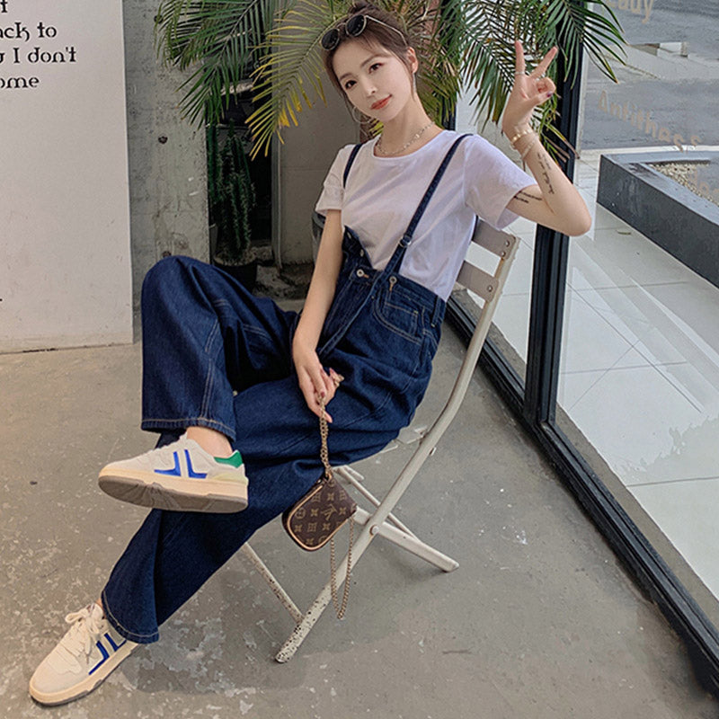 Tシャツ×サスペンダー付きアシメウエストワイドデニムパンツ
