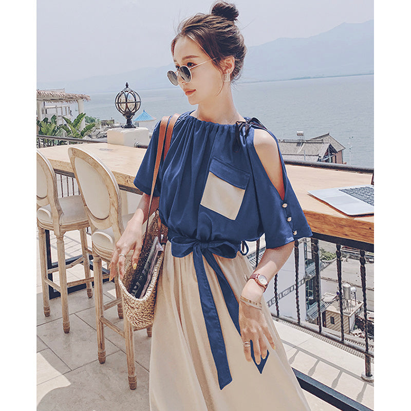 バイカラーウエストリボンギャザーロングワンピース(2colors)