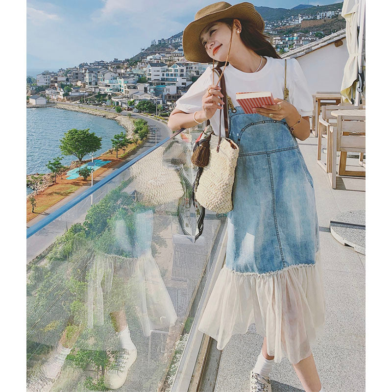 シアーフリルヘムデニムサロペットワンピース