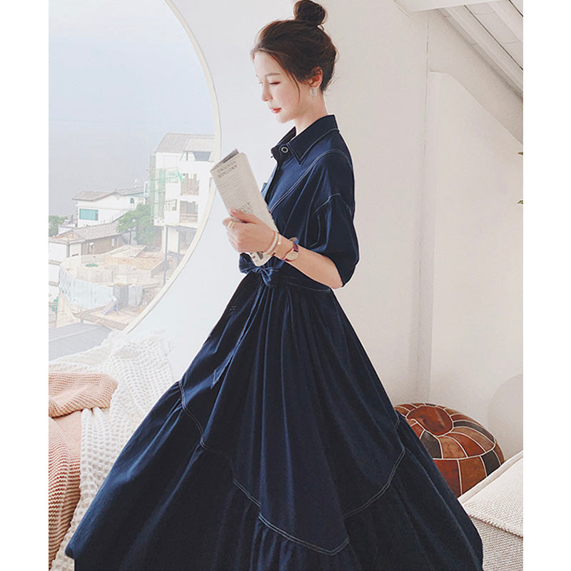 バルーンスリーブアシメティアードシャツワンピース