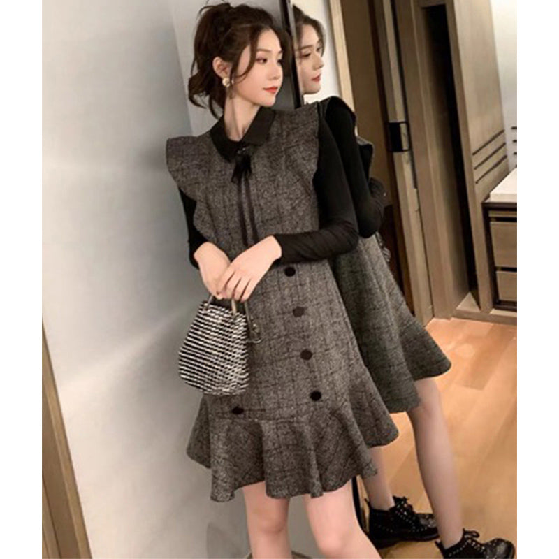 長袖カットソー×グレンチェック裾フリルノースリーブワンピース