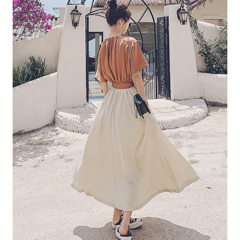 バイカラーウエストリボンギャザーロングワンピース(2colors)