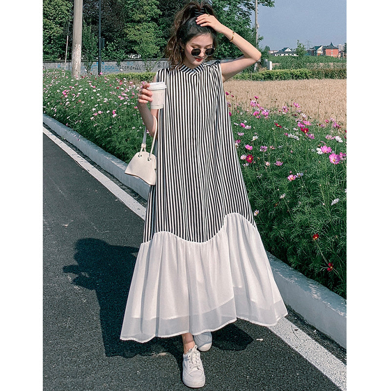 シアーフリルヘムストライプノースリーブワンピース