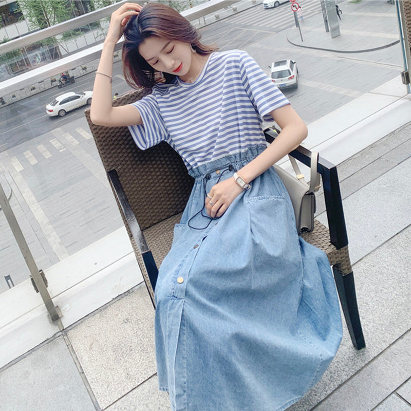 ボーダーTシャツコンビデニムワンピース