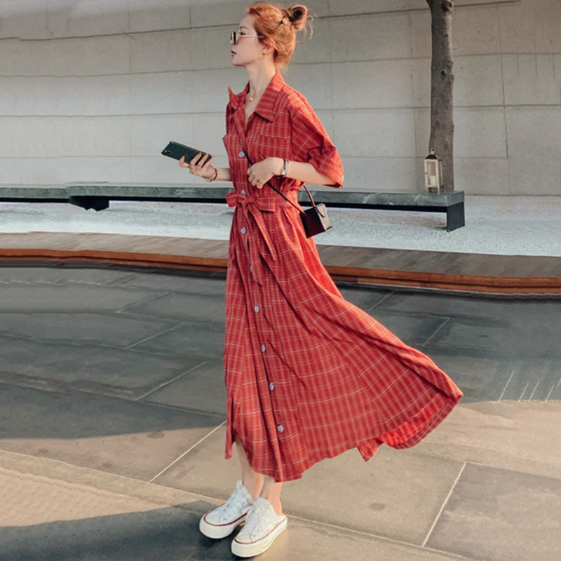 ウエストリボンチェックシャツワンピース(2colors)