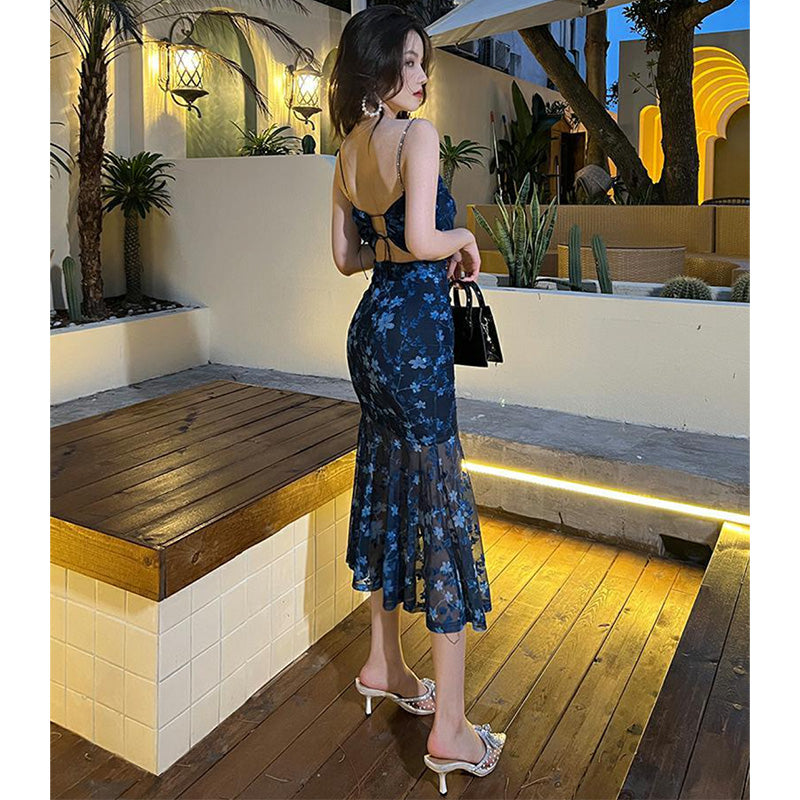 花柄バックオープンマーメイドキャミワンピース