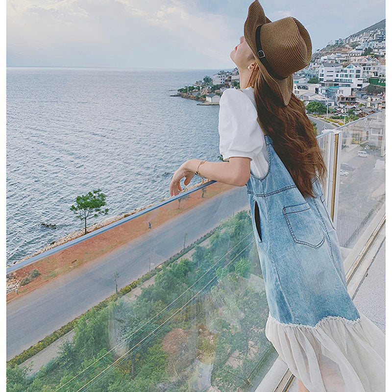 シアーフリルヘムデニムサロペットワンピース