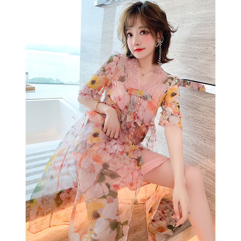 キャミワンピース×レースドッキング花柄シアーフレアワンピース