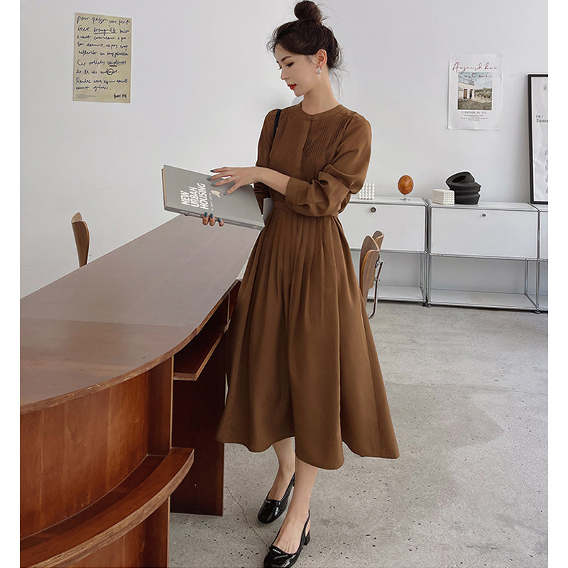 フロントプリーツラウンドネックワンピース(2colors)