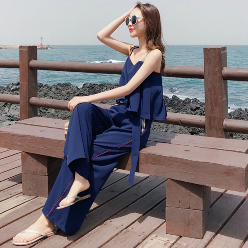 マルチストライプストラップキャミソール×サイドラインワイドパンツ