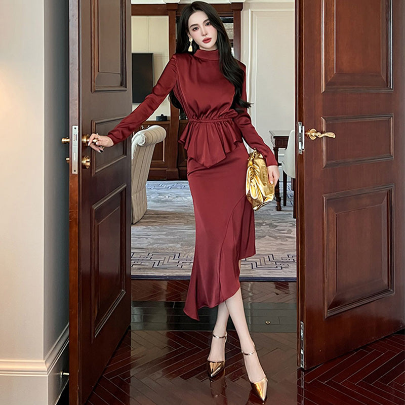 ハイネックペプラムトップ×アシンメトリースカート(2colors)