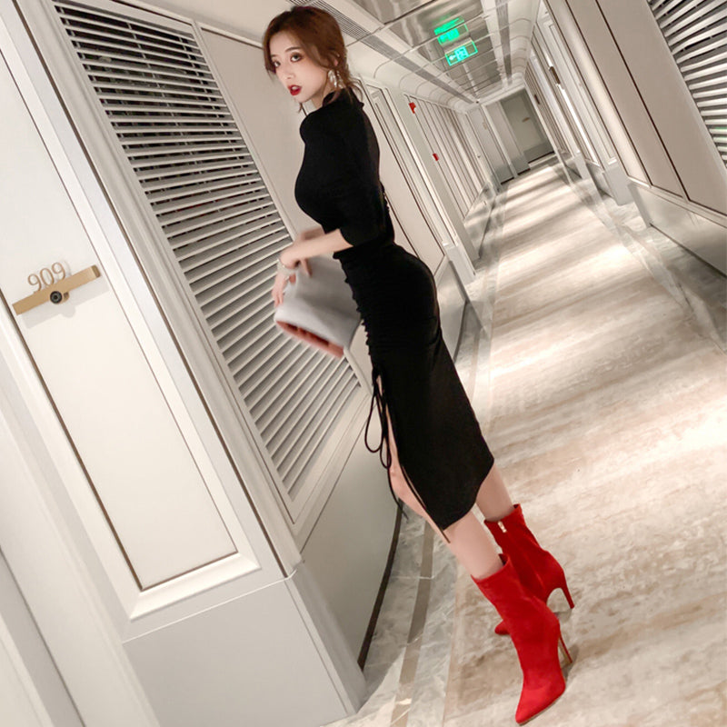 スリットドローストリングペンシルワンピース