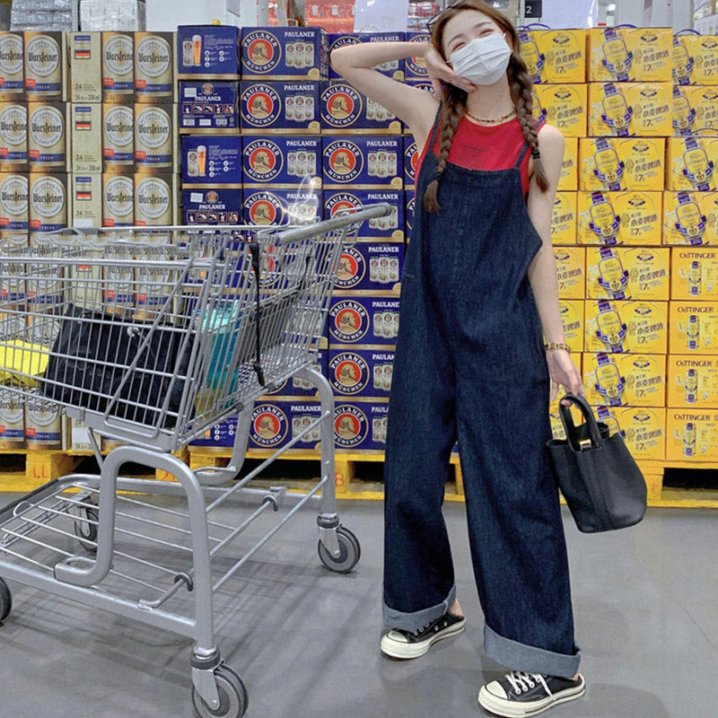 【即納】バックリボンデニムワイドサロペットパンツ