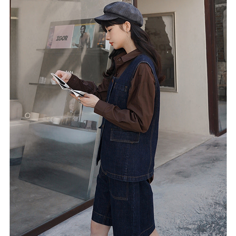 レトロデニムベスト×ミディ丈ショートパンツ