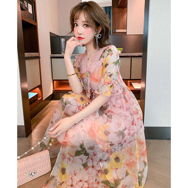 キャミワンピース×レースドッキング花柄シアーフレアワンピース