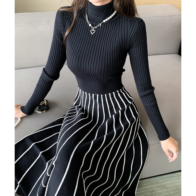 スカラップヘムストライプ切り替えニットワンピース