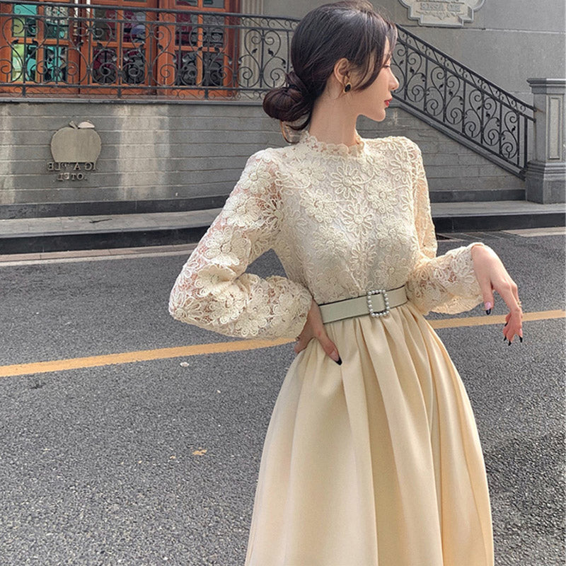 レースブラウスコンビネーションフレアワンピース