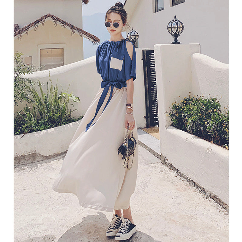 バイカラーウエストリボンギャザーロングワンピース(2colors)