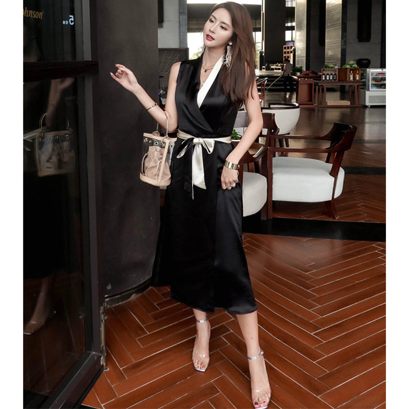 ウエストリボンバイカラーカシュクールサテンワンピース