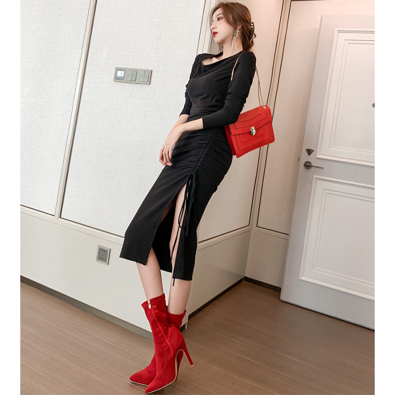 スリットドローストリングペンシルワンピース