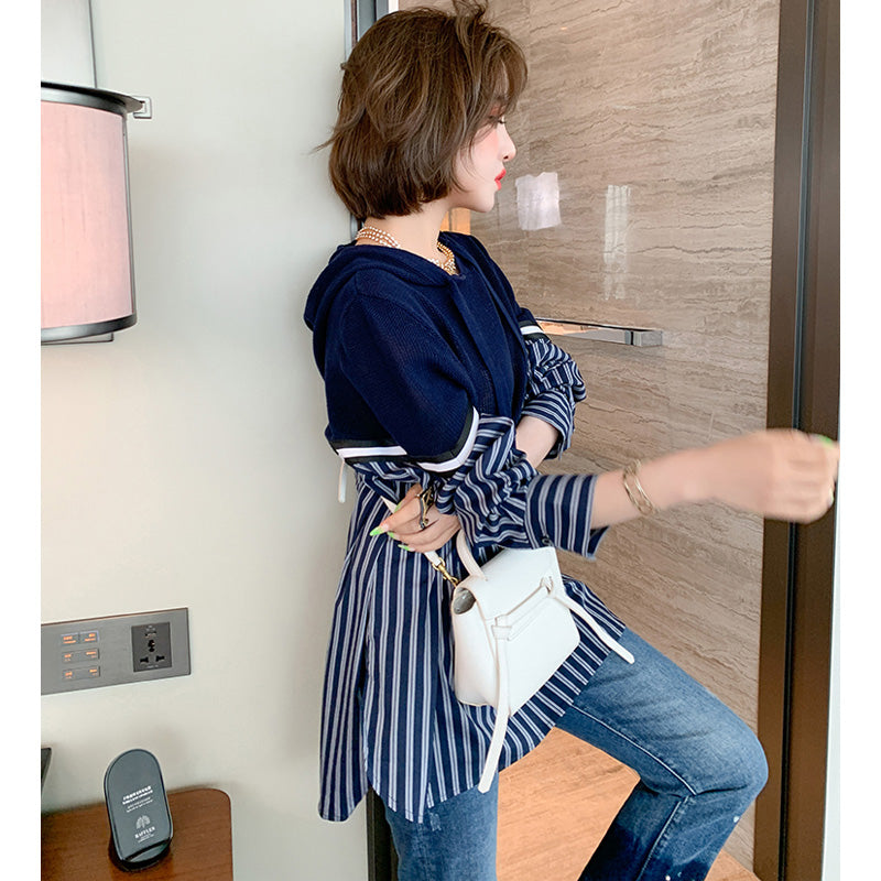 異素材ストライプニットフーディー×ラインストーン付ツートーンデニムパンツ【上下別売り可】