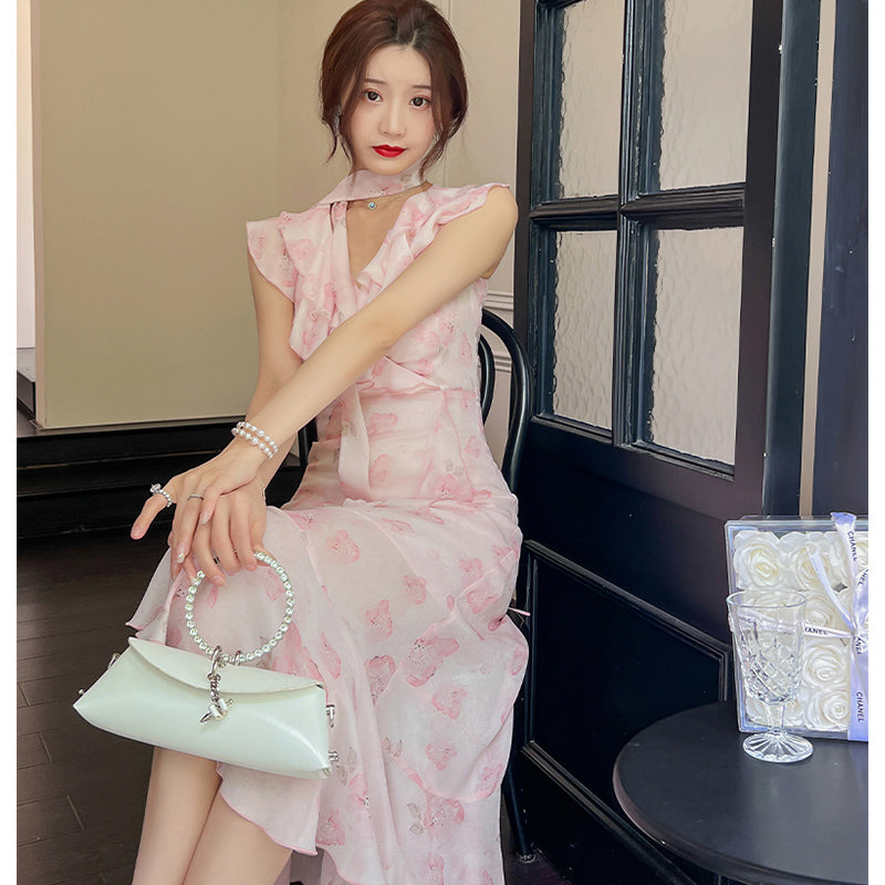 リボンタイ付きプリントフリルロングワンピース