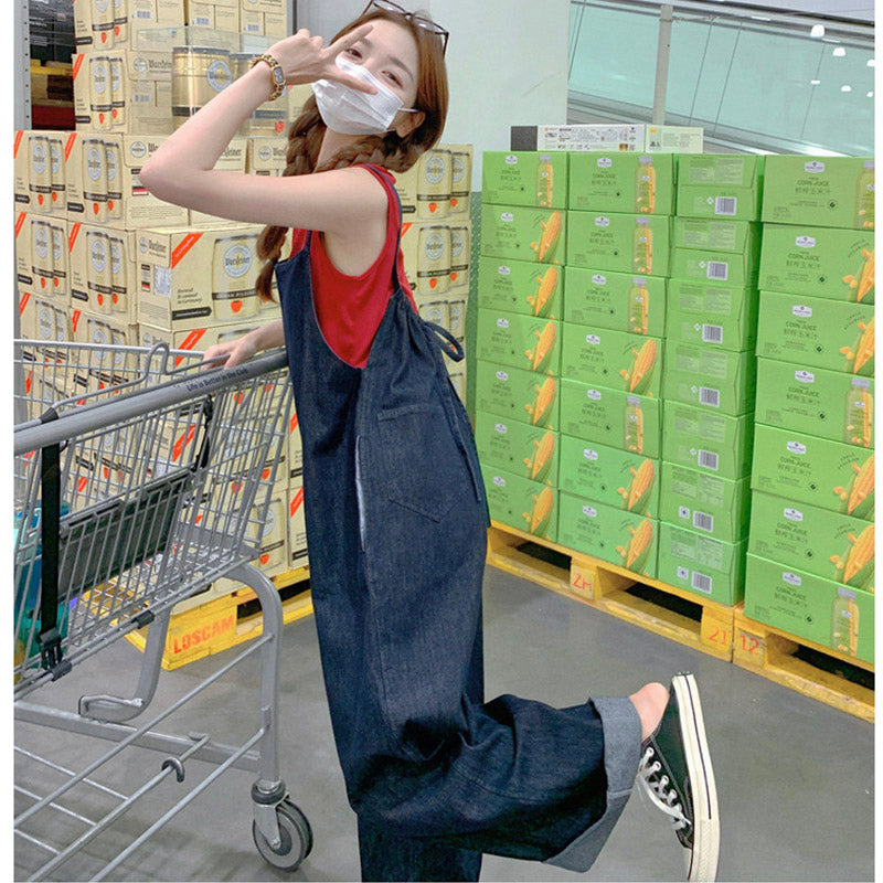 【即納】バックリボンデニムワイドサロペットパンツ