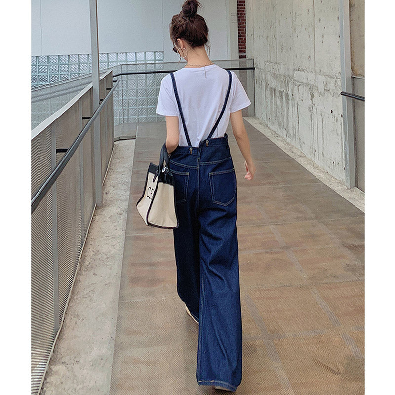 Tシャツ×サスペンダー付きアシメウエストワイドデニムパンツ