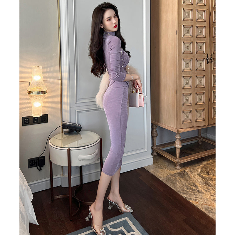 ハイネックウエストギャザーペンシルロングワンピース(3colors)