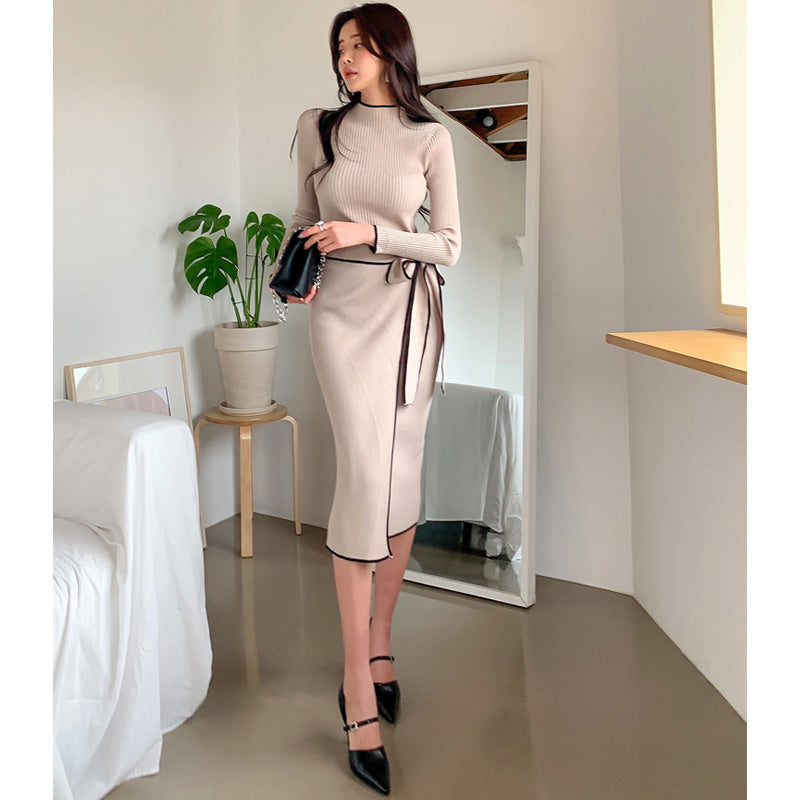 ウエストリボンハーフネックリブニットワンピース(2colors)