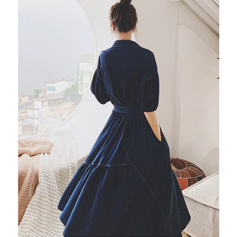 バルーンスリーブアシメティアードシャツワンピース