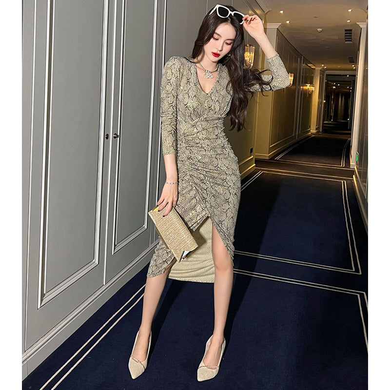 スパンコールフロントギャザーイレヘムパイソンワンピース