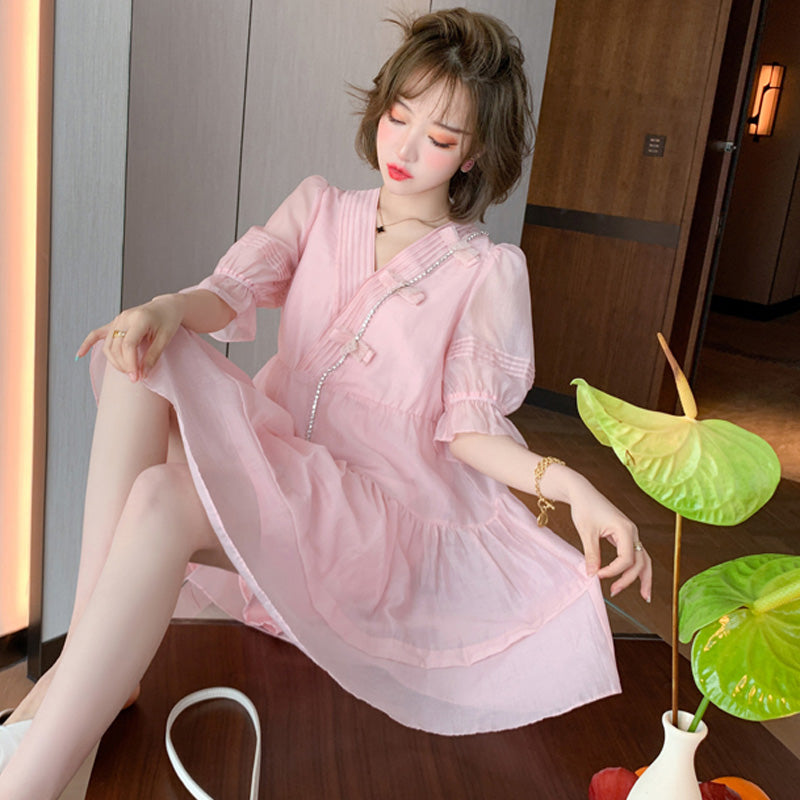 リボンビジュー付きティアードワンピース(2colors)